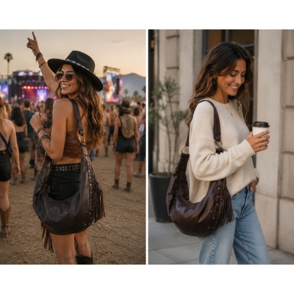 Vintage Brown Leather Crescent Hobo Bag Studded Tassel Boho Slouchy Shoulder Bag